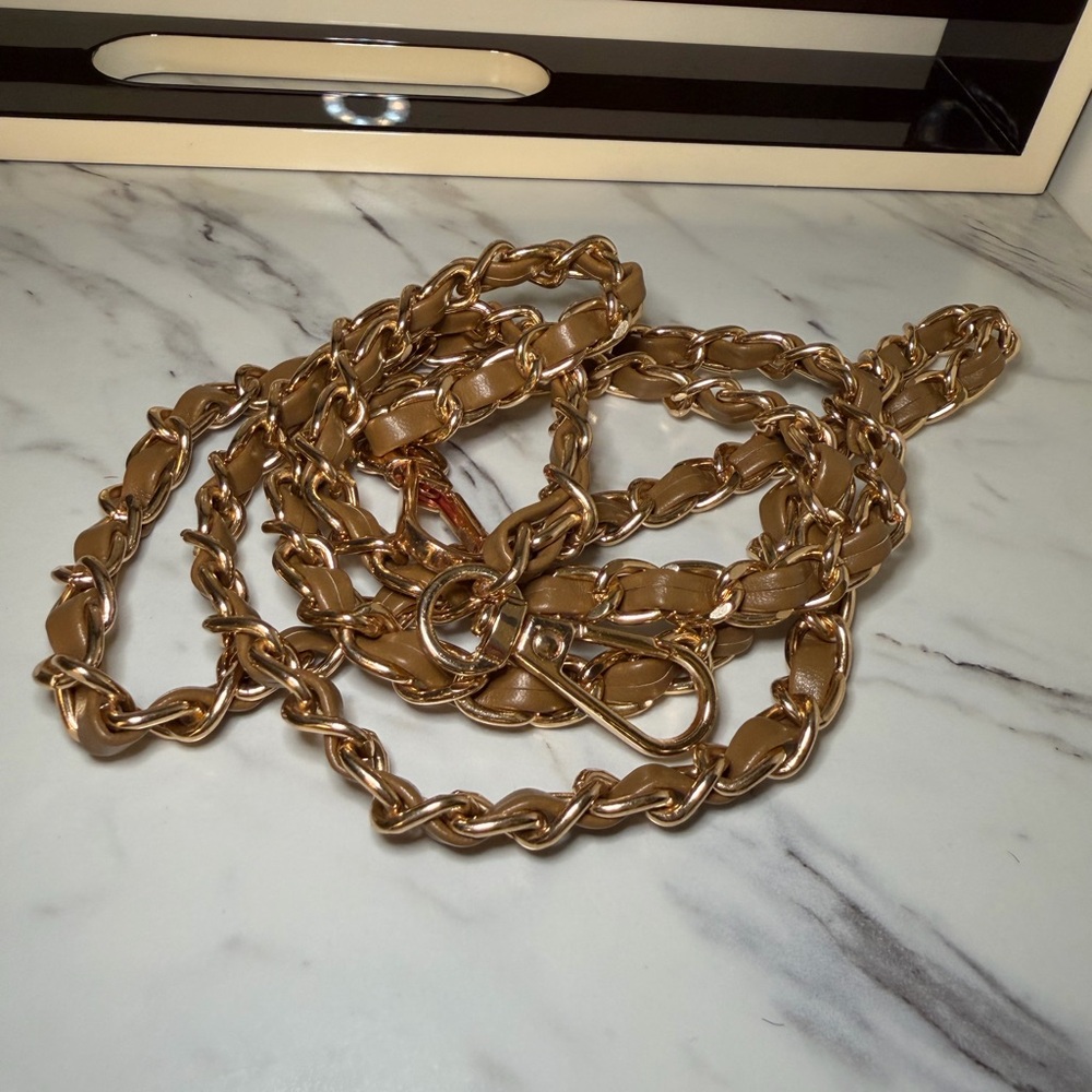 Gold Chain & Tan Faux Leather Crossbody Purse Strap 48” - Picture 3 of 4